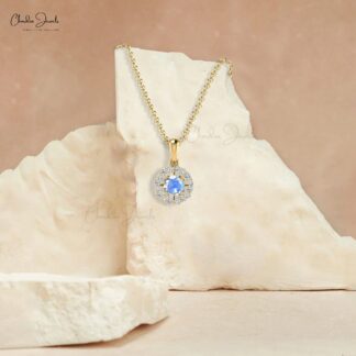 Natural Moonstone Halo Pendant With Pave Diamond 14k Solid Gold Birthstone Necklace