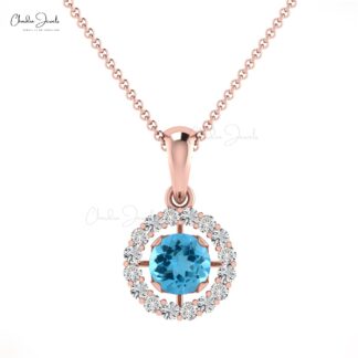 Genuine Swiss Blue Topaz Halo Pendant in 14k Solid Gold Dainty Diamond Circle Necklace
