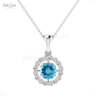 Genuine Swiss Blue Topaz Halo Pendant in 14k Solid Gold Dainty Diamond Circle Necklace