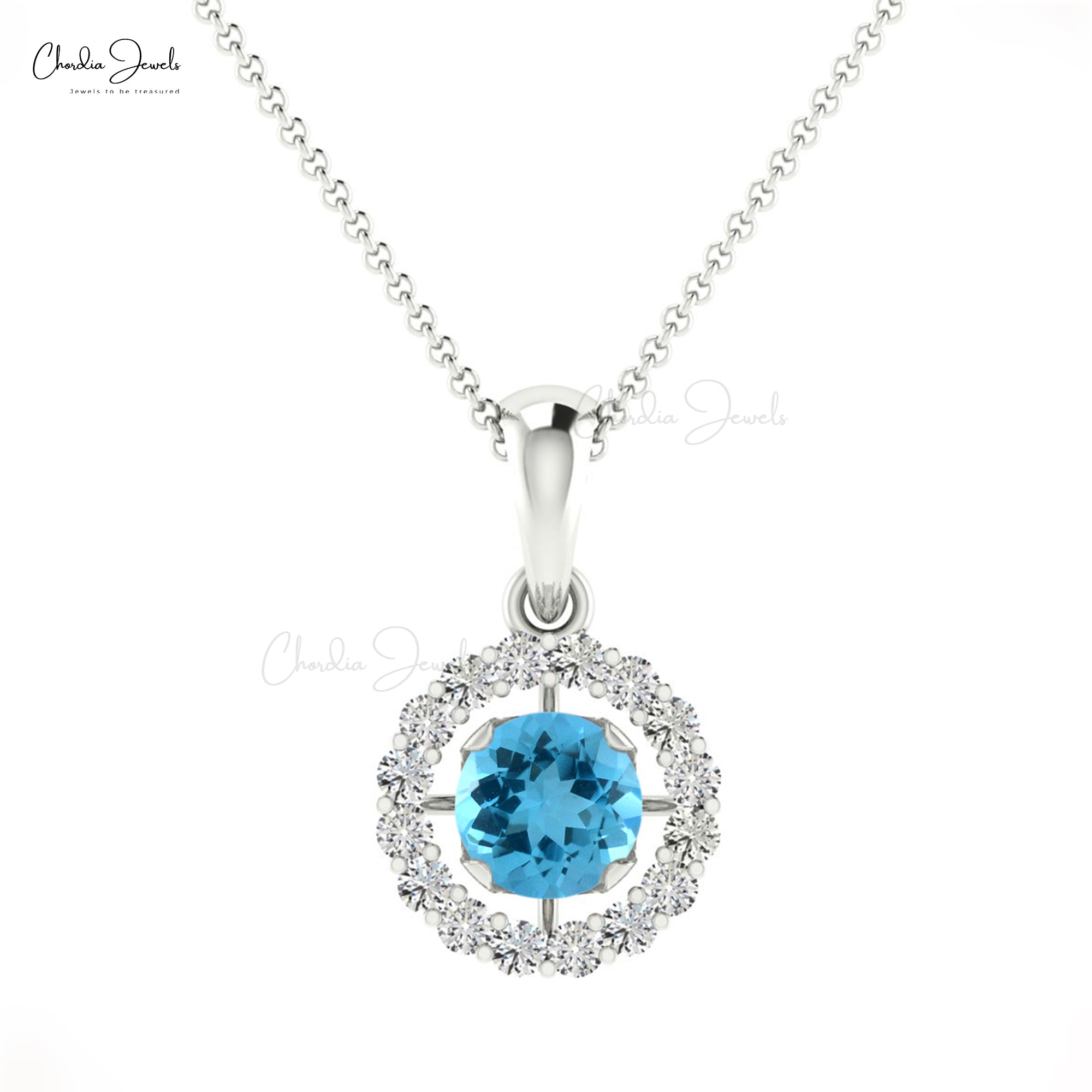 Genuine Swiss Blue Topaz Halo Pendant in 14k Solid Gold Dainty Diamond Circle Necklace