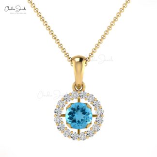 Genuine Swiss Blue Topaz Halo Pendant in 14k Solid Gold Dainty Diamond Circle Necklace
