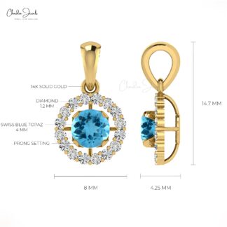 Genuine Swiss Blue Topaz Halo Pendant in 14k Solid Gold Dainty Diamond Circle Necklace