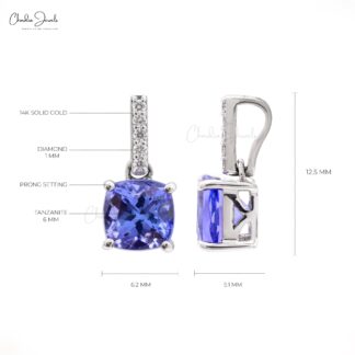 Natural Tanzanite Prong Set Dangling Pendant 6mm Cushion Cut December Birthstone Pendant 14k Solid White Gold Diamond Hallmarked Jewelry