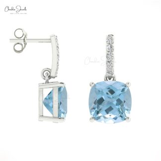 March Birthstone Aquamarine and Diamond 14K Solid Gold Dangler Earrings