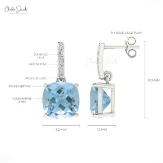 March Birthstone Aquamarine and Diamond 14K Solid Gold Dangler Earrings