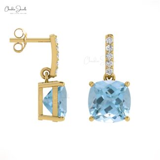 March Birthstone Aquamarine and Diamond 14K Solid Gold Dangler Earrings