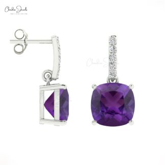 Genuine Amethyst 2.16 Ct 4-Prong Set Dangling Earrings With Push Back, 6mm Cushion Cut Gemstone Hallmarked Jewelry For Gift, 14k Solid Gold April Birthstone Diamond Earrings