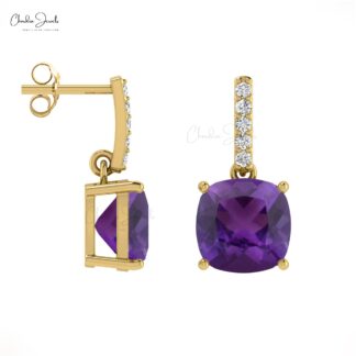 Genuine Amethyst 2.16 Ct 4-Prong Set Dangling Earrings With Push Back, 6mm Cushion Cut Gemstone Hallmarked Jewelry For Gift, 14k Solid Gold April Birthstone Diamond Earrings