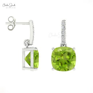 Natural Peridot Prong Set Earrings 1.42Ct Cushion Gemstone Dangling Earring 14k Real Gold Round Diamond Antique Style Jewelry For Bridal