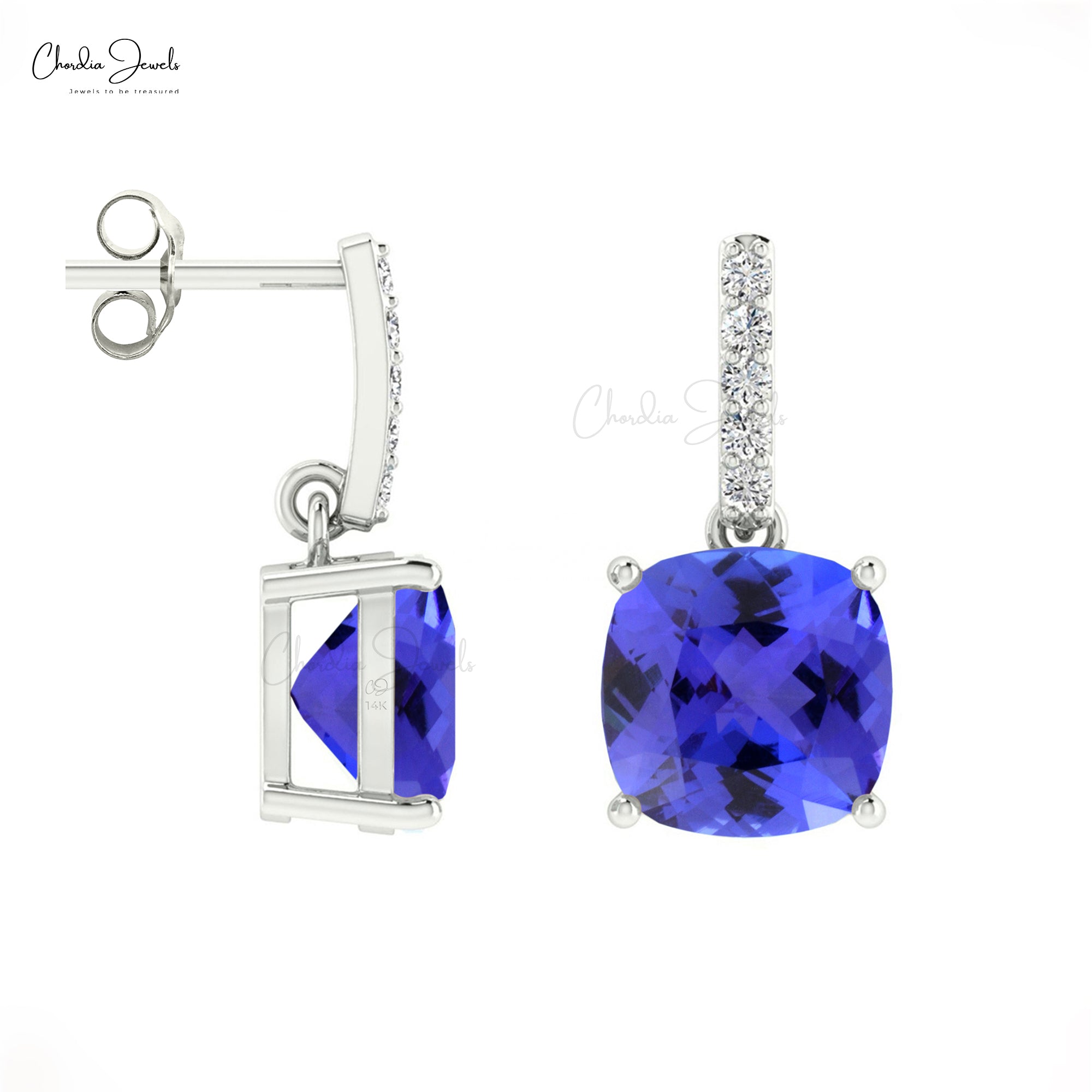 Natural Tanzanite Dangle Earrings in 14k Gold December Birthstone Cushion Cut Earrings