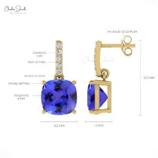 Natural Tanzanite Dangle Earrings in 14k Gold December Birthstone Cushion Cut Earrings