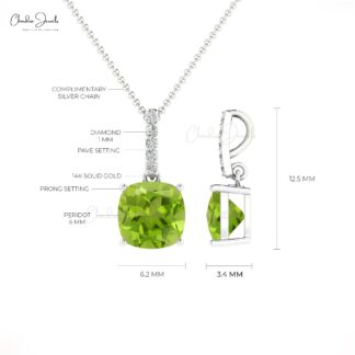 Natural Peridot Dangle Charm In 14k Solid Gold Small Diamond Pendant For Her