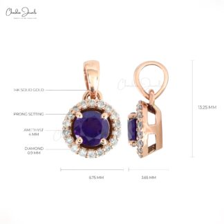 Halo Diamond Pendant in 14k Rose Gold With 4mm Round Amethyst Gemstone Pendants