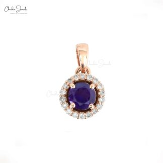Halo Diamond Pendant in 14k Rose Gold With 4mm Round Amethyst Gemstone Pendants