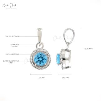 Halo Gemstone Pendant in 14k Yellow Gold Swiss Blue Topaz And Diamond Women Pendant