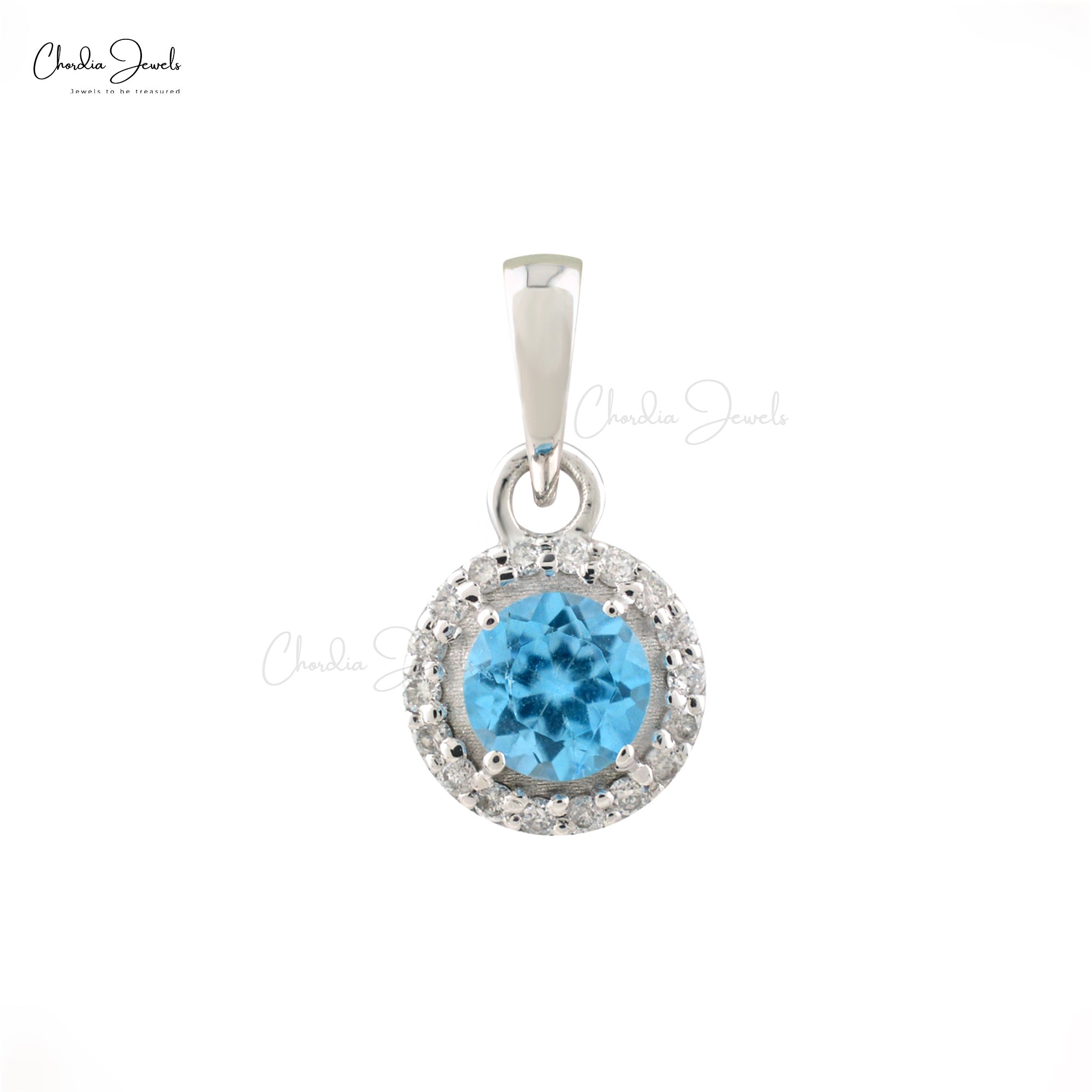 Halo Gemstone Pendant in 14k Yellow Gold Swiss Blue Topaz And Diamond Women Pendant