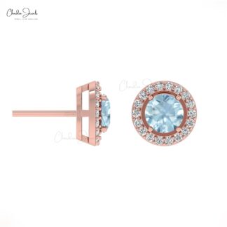 Minimalist Aquamarine & Round Diamond Halo Earrings in 14K Solid Gold
