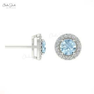 Minimalist Aquamarine & Round Diamond Halo Earrings in 14K Solid Gold