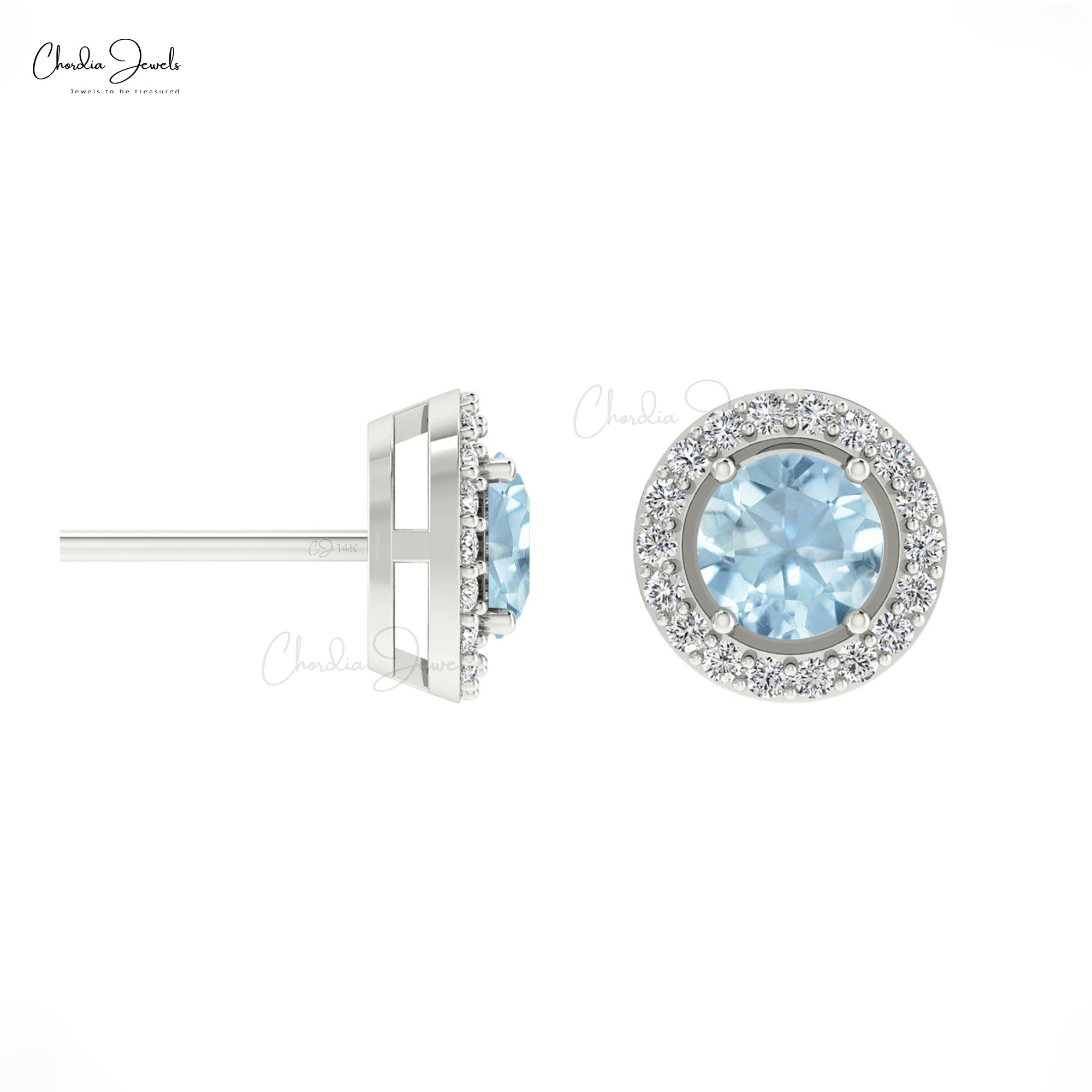 Minimalist Aquamarine & Round Diamond Halo Earrings in 14K Solid Gold