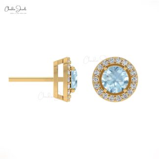 Minimalist Aquamarine & Round Diamond Halo Earrings in 14K Solid Gold