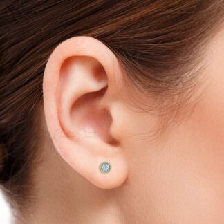 Minimalist Aquamarine & Round Diamond Halo Earrings in 14K Solid Gold