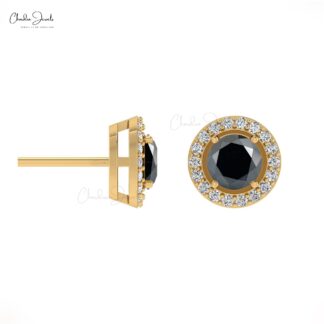 Genuine Black Diamond 14k Real Gold G-H Diamond Earrings 0.64Ct Round Gemstone Halo Earrings Personalized Gift For Valentine’s Day