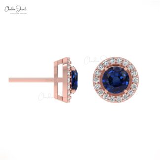 Iconic Blue Sapphire Diamond Earrings 0.46Ct Round Cut Genuine Gemstone Halo Studs 14k Real Gold Art Deco Jewelry For Anniversary Gift
