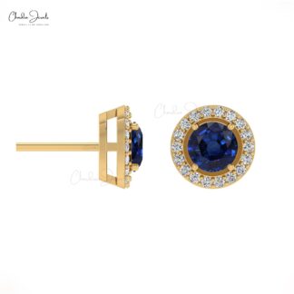 Iconic Blue Sapphire Diamond Earrings 0.46Ct Round Cut Genuine Gemstone Halo Studs 14k Real Gold Art Deco Jewelry For Anniversary Gift