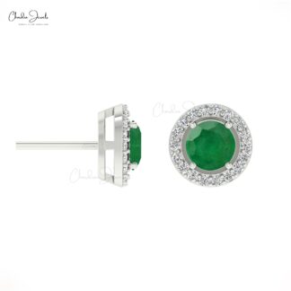 Genuine Emerald & Diamond Halo Earrings In 14k Solid Gold