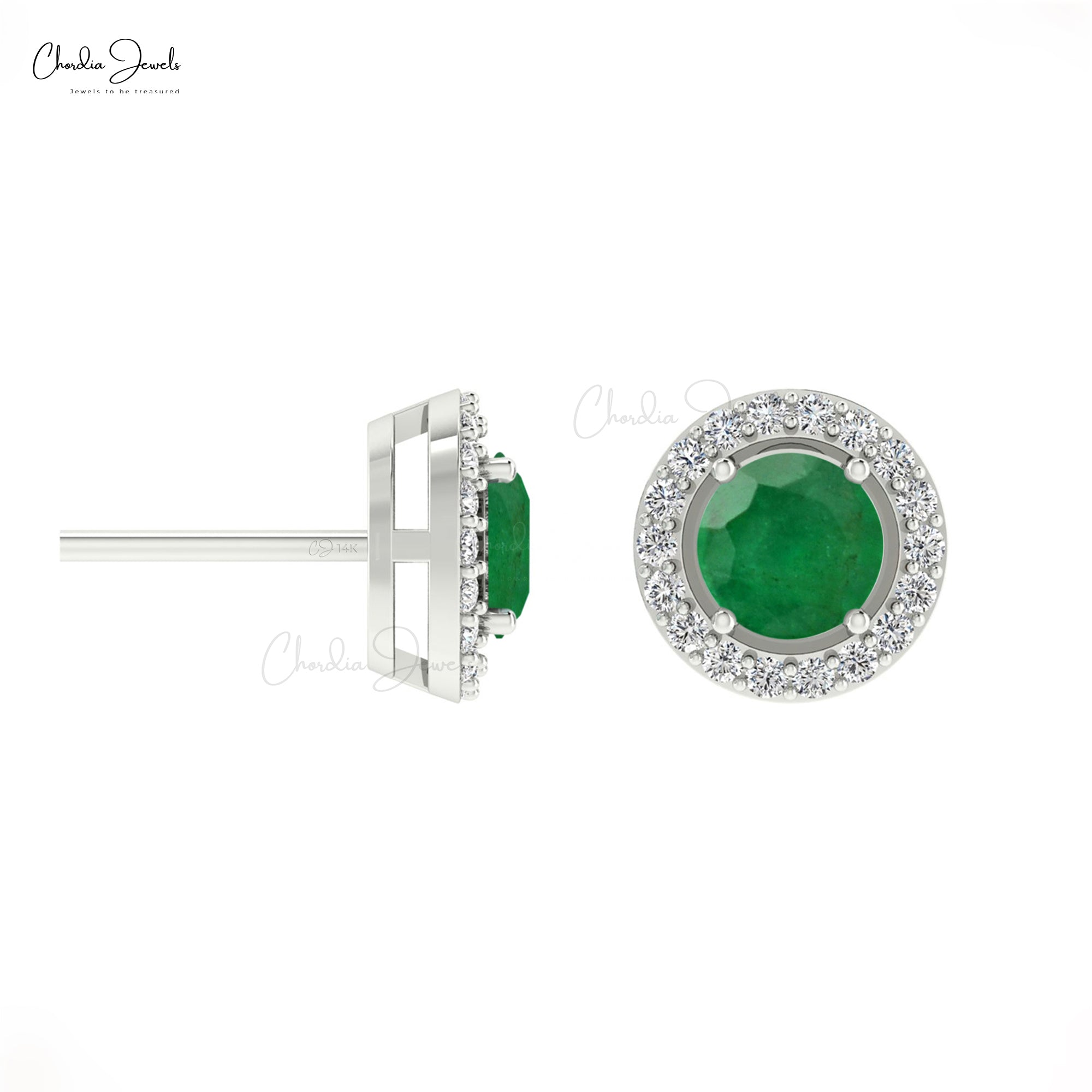 Genuine Emerald & Diamond Halo Earrings In 14k Solid Gold