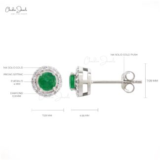 Natural Emerald Stud Earrings With Diamond Halo Solid 14k White Gold Dainty Earrings