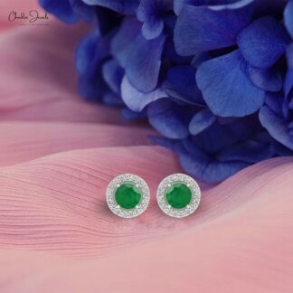 Genuine Emerald & Diamond Halo Earrings In 14k Solid Gold