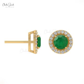 Genuine Emerald & Diamond Halo Earrings In 14k Solid Gold