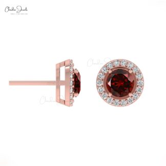 Genuine 14K Gold Garnet & Diamond Halo Earrings Fine Jewelry