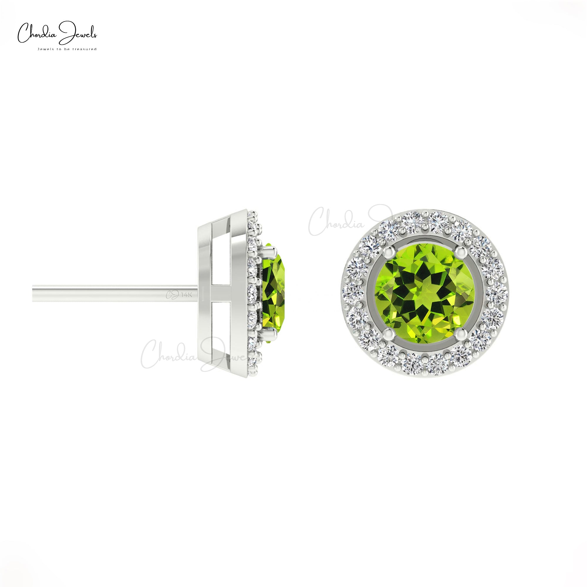 Green Peridot Halo Studs 14k Real Gold Diamond Handmade Earrings 4mm Brilliant Round Cut Natural Gemstone Jewelry For Birthday Gift