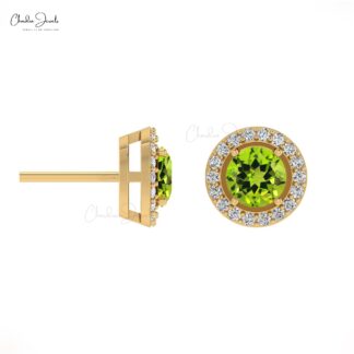 Green Peridot Halo Studs 14k Real Gold Diamond Handmade Earrings 4mm Brilliant Round Cut Natural Gemstone Jewelry For Birthday Gift