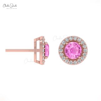 Natural Pink Sapphire Halo Earrings 14k Real Gold Diamond Prong Set Studs 4mm Round Cut Gemstone Vintage Fine Jewelry For Her