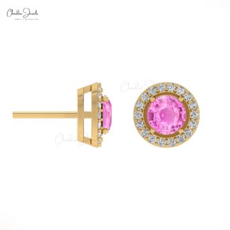 Natural Pink Sapphire Halo Earrings 14k Real Gold Diamond Prong Set Studs 4mm Round Cut Gemstone Vintage Fine Jewelry For Her