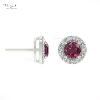 Natural Round Rhodolite Garnet 14K Gold Halo Earrings