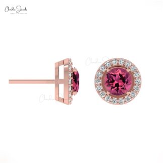Genuine 14K Gold AAA Pink Tourmaline And Round Diamond Halo Earrings