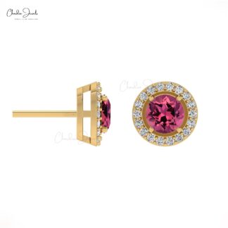 Genuine 14K Gold AAA Pink Tourmaline And Round Diamond Halo Earrings