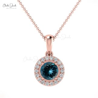 Halo Birthstone Pendant in 14k Real Gold London Blue Topaz And Diamond Necklace