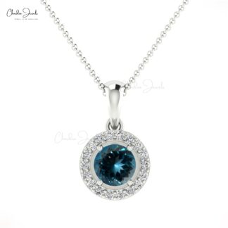 Halo Birthstone Pendant in 14k Real Gold London Blue Topaz And Diamond Necklace