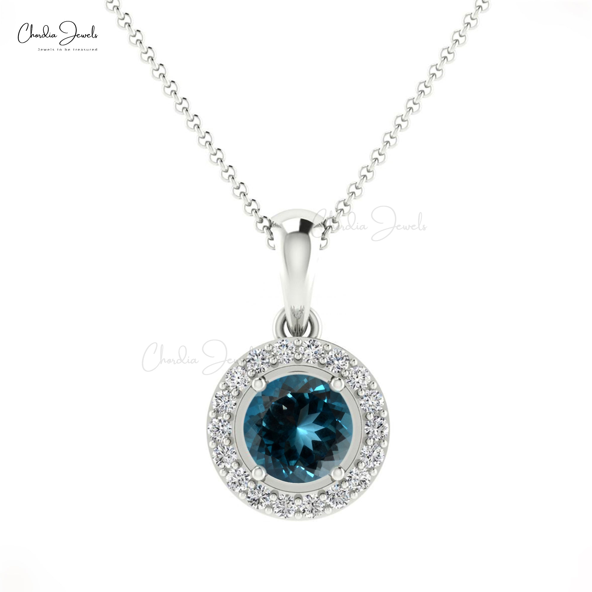 Halo Birthstone Pendant in 14k Real Gold London Blue Topaz And Diamond Necklace