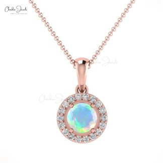 Natural Fire Opal Halo Pendant With Pave Diamond 14k Solid Gold Minimalist Necklace