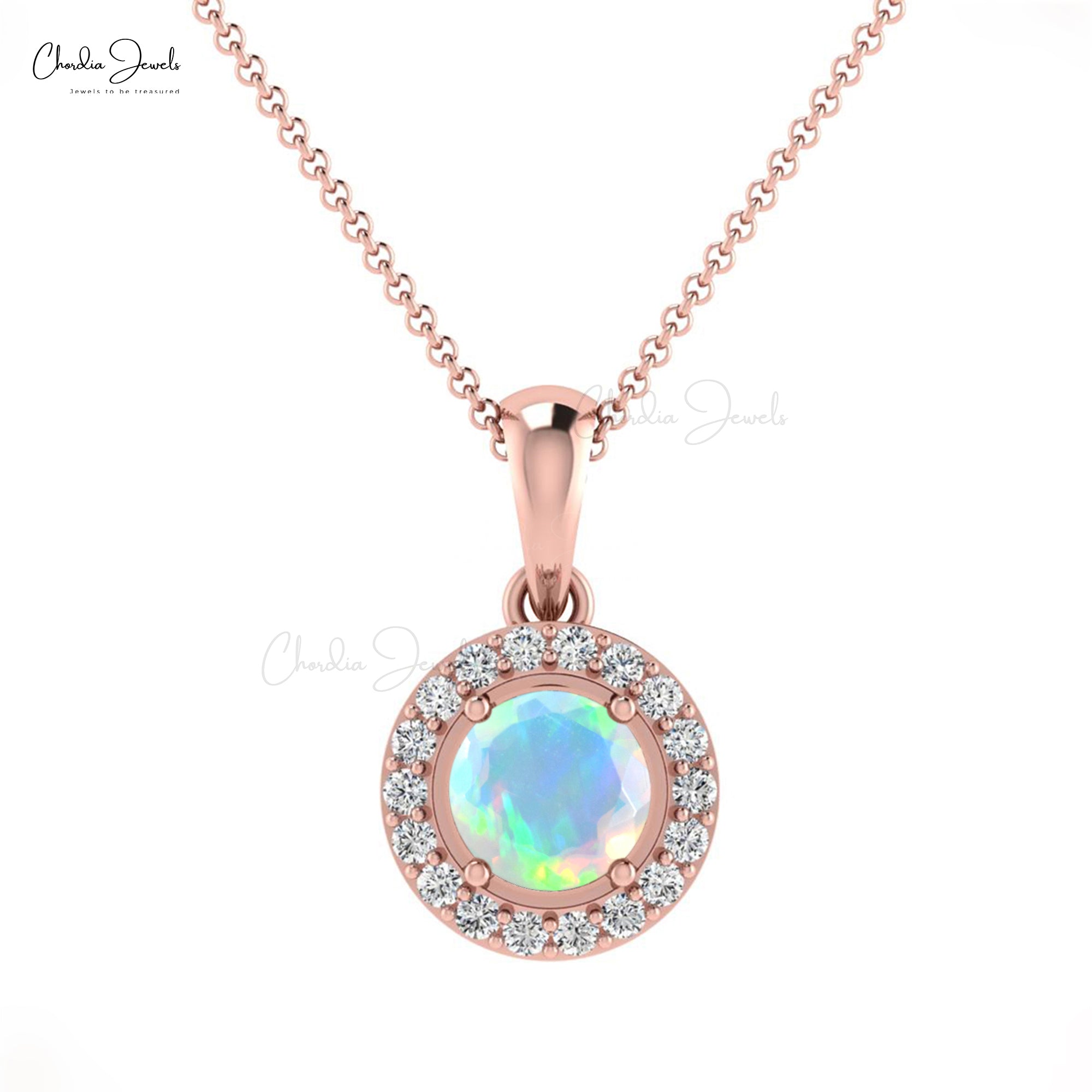 Natural Fire Opal Halo Pendant With Pave Diamond 14k Solid Gold Minimalist Necklace