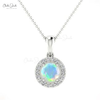 Natural Fire Opal Halo Pendant With Pave Diamond 14k Solid Gold Minimalist Necklace