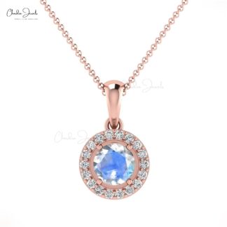 Natural Rainbow Moonstone Halo Charm With 0.32 Ct Gemstone Diamond 14k Gold Pendant