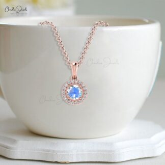 Natural Rainbow Moonstone Halo Charm With 0.32 Ct Gemstone Diamond 14k Gold Pendant