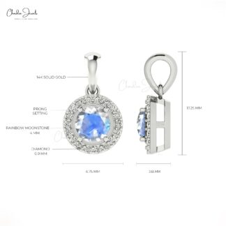 Natural Rainbow Moonstone Halo Charm With 0.32 Ct Gemstone Diamond 14k Gold Pendant